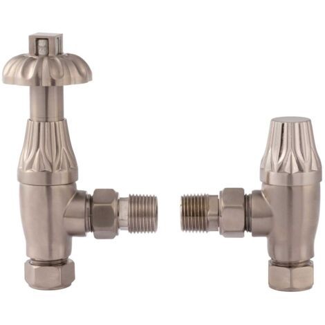 Hudson Reed Traditional Angled Thermostatic Radiator Valves Pair Lockshield - Satin Nickel
