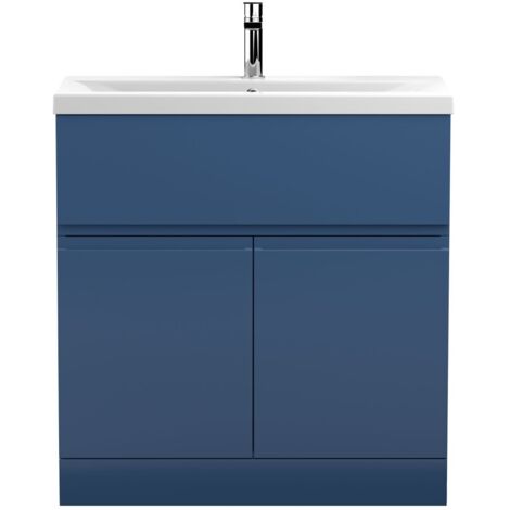 Hudson Reed Urban Floor Standing 2-Door Vanity Unit with Basin 1 Satin Blue - 800mm Wide