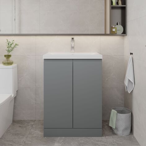 Hudson Reed Urban Floor Standing 2-Door Vanity Unit with Basin 1 Satin Grey - 600mm Wide