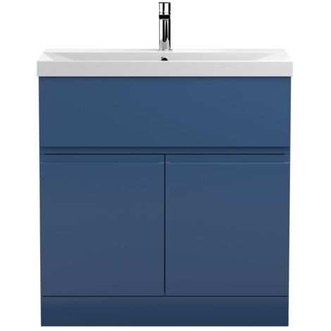 Hudson Reed Urban Floor Standing 2-Door Vanity Unit with Basin 3 Satin Blue - 800mm Wide