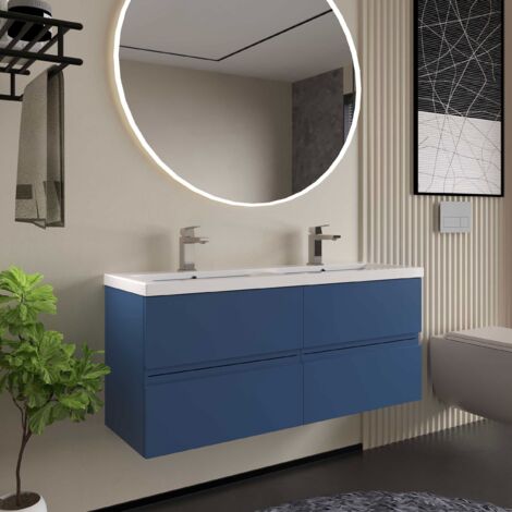 Hudson Reed Urban Satin Blue 600mm Wall Hung 2 Drawer Vanity Unit and Twin Polymarble Basins - URB304C