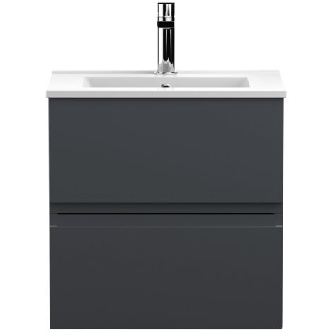 Hudson Reed Urban Satin Soft Black 500mm Wall Hung 2 Drawer Vanity Unit and Minimalist Ceramic Basin - URB1402B