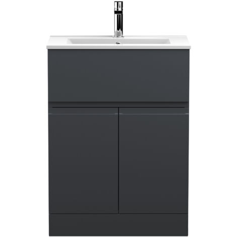Hudson Reed Urban Satin Soft Black 600mm Floor Standing Single Drawer 2 Door Vanity Unit and Minimalist Ceramic Basin - URB1403B