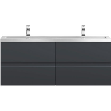 Hudson Reed Urban Satin Soft Black 600mm Wall Hung 2 Drawer Vanity Unit and Twin Ceramic Basins - URB1404F