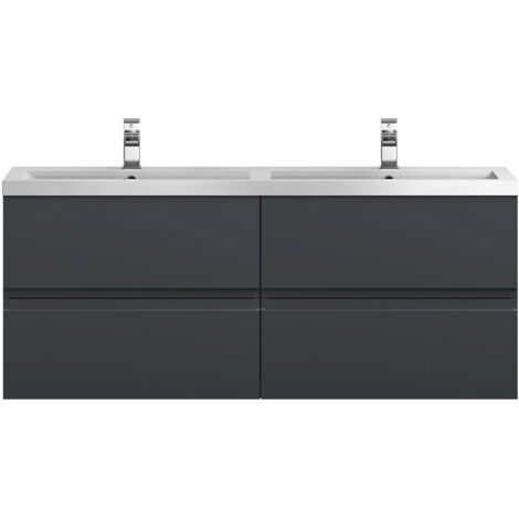 Hudson Reed Urban Satin Soft Black 600mm Wall Hung 2 Drawer Vanity Unit and Twin Polymarble Basins - URB1404C