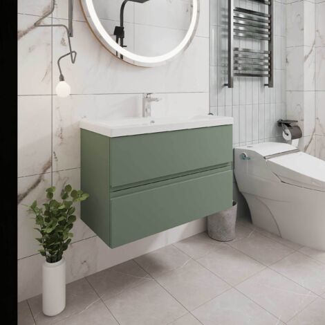 Hudson Reed Urban Wall Hung 2-Drawer Vanity Unit with Basin 2 Satin Green - 800mm Wide