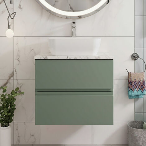 Hudson Reed Urban Wall Hung 2-Drawer Vanity Unit with Carrera Marble Worktop 600mm Wide - Satin Green
