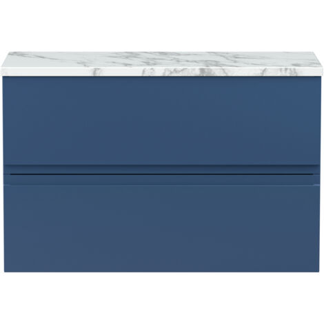 Hudson Reed Urban Wall Hung 2-Drawer Vanity Unit with Carrera Marble Worktop 800mm Wide - Satin Blue