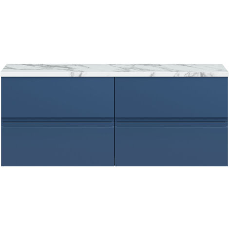 Hudson Reed Urban Wall Hung 4-Drawer Vanity Unit with Carrera Marble Worktop 1200mm Wide - Satin Blue