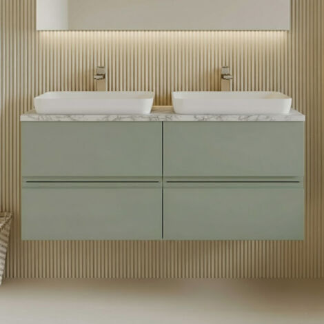 Hudson Reed Urban Wall Hung 4-Drawer Vanity Unit with Carrera Marble Worktop 1200mm Wide - Satin Green