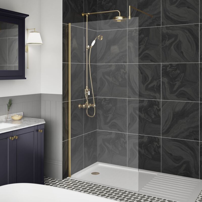 Hudson Reed Wet Room Screen with Brass Support Bar 1100mm Wide - 8mm Glass