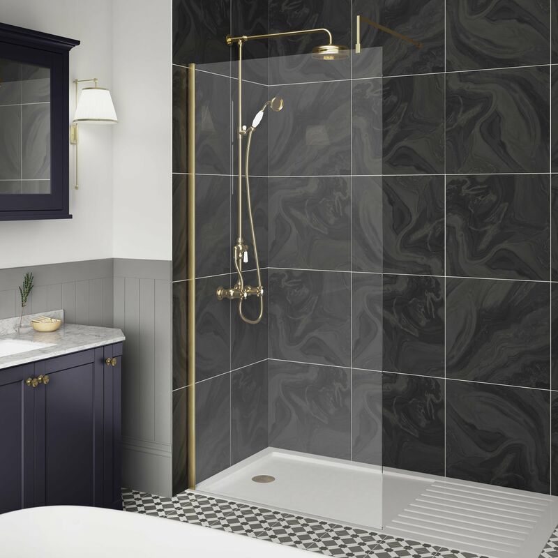 Wet Room Screen with Brass Support Bar 900mm Wide - 8mm Glass - Hudson Reed