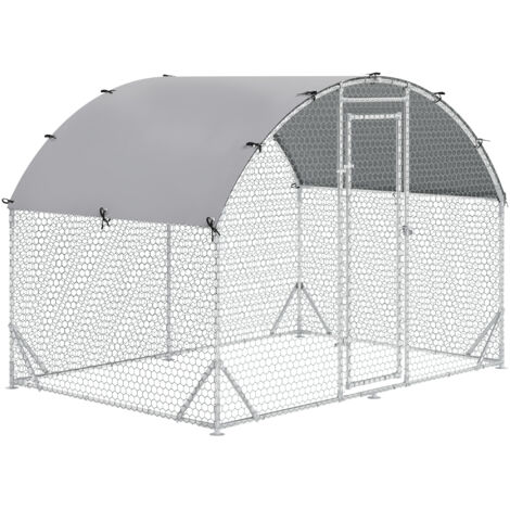 Hühnerstall Freilaufgehege aus Stahl, 280 x 190 x 197 cm Hühnerkäfig mit UV-beständiger Abdeckung, Tür, Hühnergehege für 4-6 Hühner, Kleintiere, Silber
