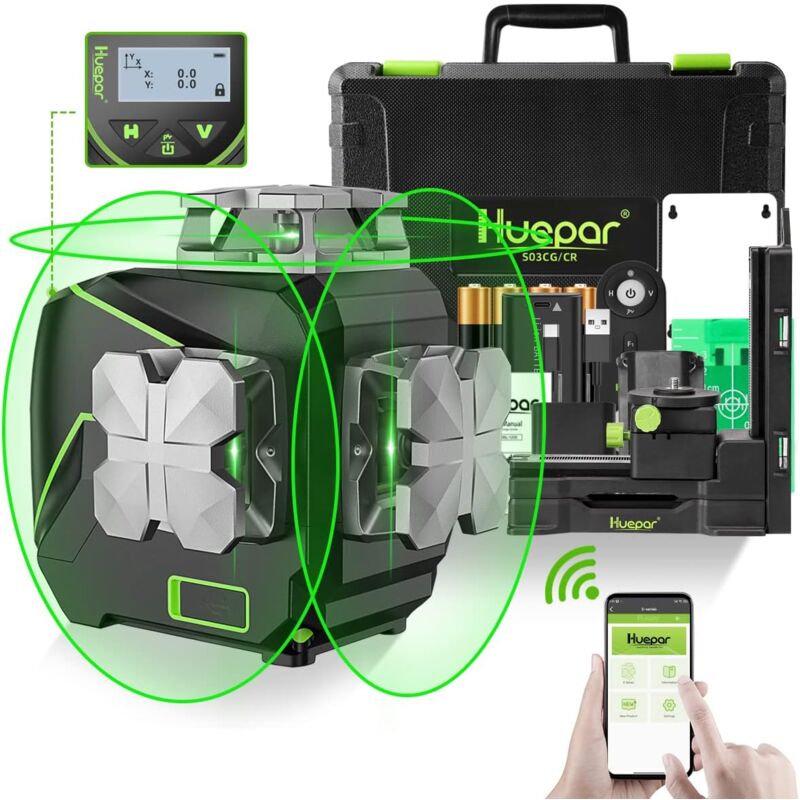 Image of HUEPAR Huepar - 12 Lines 3D Self-Leveling Laser Level with lcd Screen 3x360°Bluetooth Connected Green Beam Cross Line Laser Level Tool -360° S03CG-C