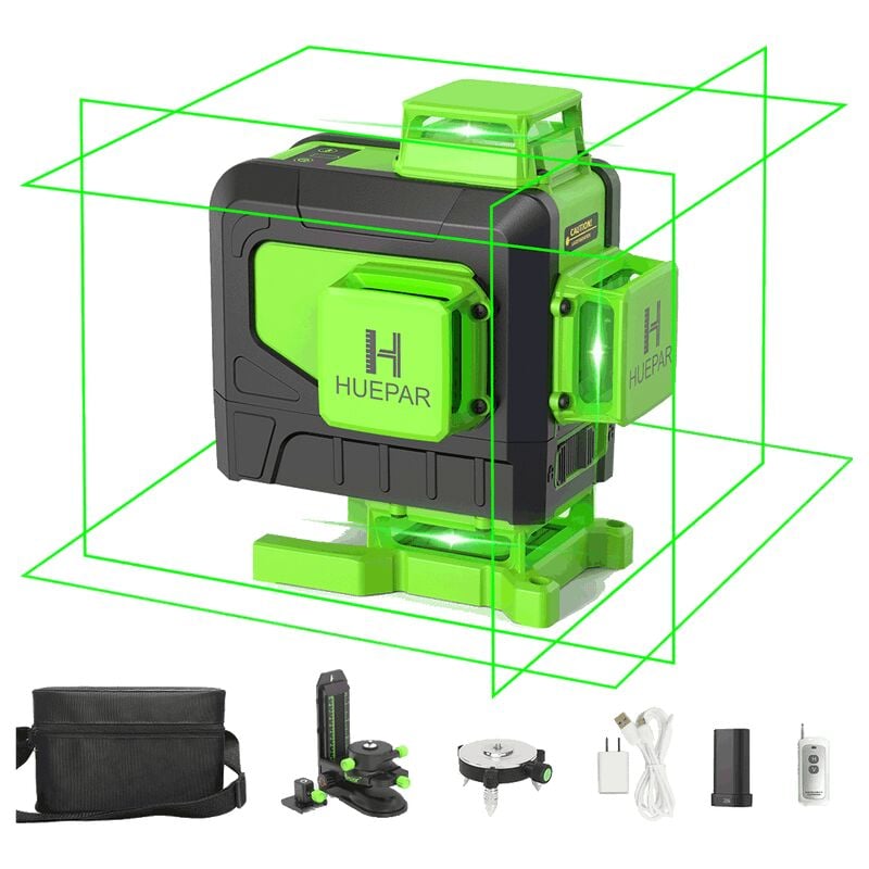 Huepar - 16 lines 4D Cross Line Laser Level Green Beam Line With Li-ion battery For Tiles Floor Multifunction & Remote Control 904DG