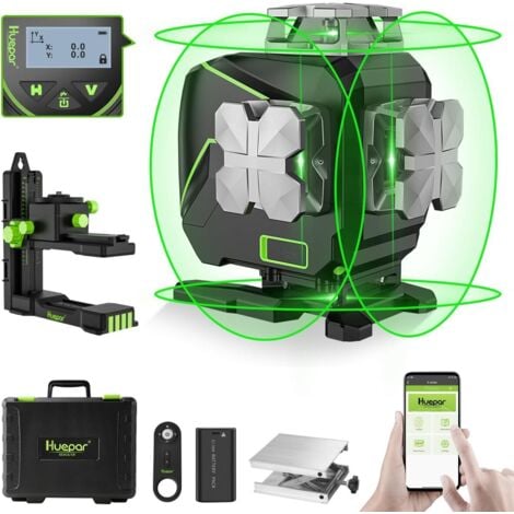 Huepar 16 Lines Self-Leveling Laser Level 4 x 360°Cross Line Laser with LCD Screen, 4D Bluetooth Green Beam Tiling Floor Laser Tool -360°Horizontal/Vertical Laser -Remote Control&Hard Carry Case S04CG
