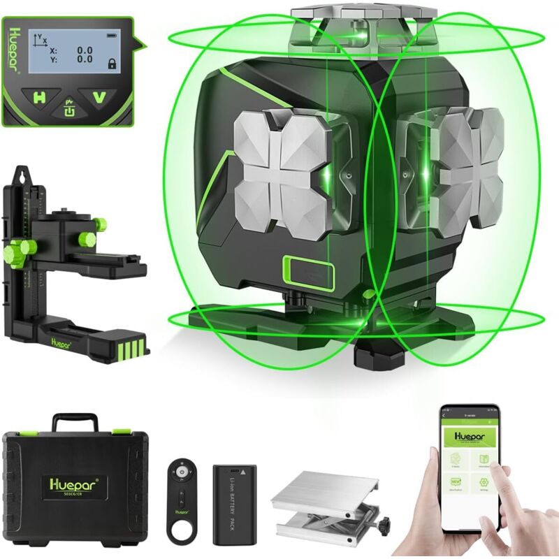 Huepar 16 Linien-selbstnivellierendes Laserniveau 4 x 360 ° mit LCD-Bildschirm, 4D Bluetooth Grüner Strahl Laserwerkzeug, Horizontal/Vertikal Laser