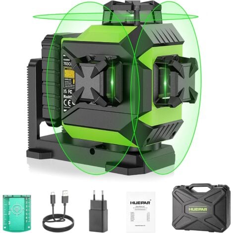 Huepar 703CG - Nivel láser de líneas cruzadas autonivelante 3D de Osram Green Beam con estuche rígido de transporte