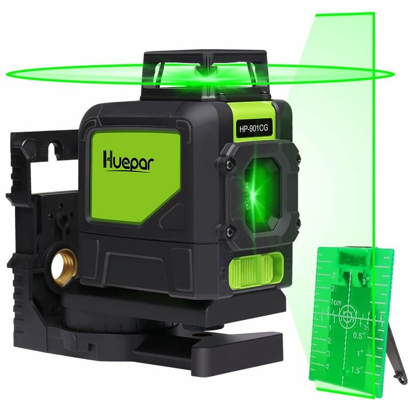Huepar - 901CG 1 x 360 Niveau Laser Croix Vert, Ligne Laser Auto-nivellement Commutable Ligne Horizontale de 360 degrés avec Mode Pulsé Extérieur,