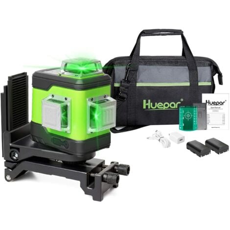 Huepar Cross Line Laser Verde, 3 x 360° 25M Livella Laser Regolazione Portatile, 12 Linee Verticali e Orizzontali Autolivellanti IP54 (con Batteria Universale agli Ioni di Litio, Batteria al Litio di