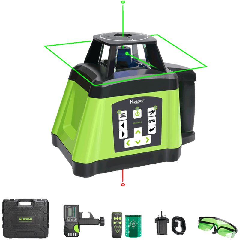 Huepar - Green Kit de nivel láser giratorio autonivelante - Puntos de plomada horizontales y verticales hacia arriba y hacia abajo - Nivel láser