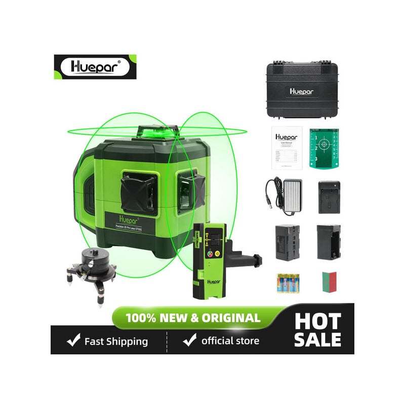Lectronique Auto-nivellement 3D Niveau laser à faisceau vert-3x360 Ligne transversale 130FT Niveau professionnel DT03G - Huepar