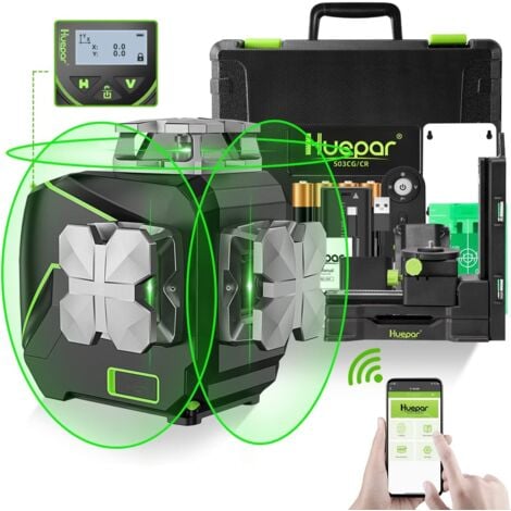 Huepar Livella laser autolivellante 3D a 12 linee con schermo LCD 3x360° Bluetooth connesso Strumento di livello laser a linee incrociate con raggio verde - Linea laser orizzontale/verticale a 360° - 