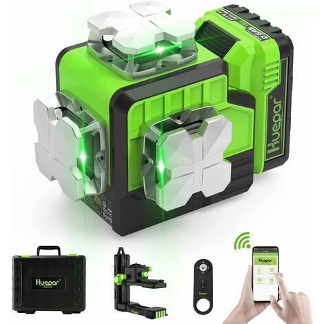 Huepar – Niveau laser 3D vert auto-nivelant – Portée 40m – 12 lignes – Batterie Li-ion 10,8V – Étui rigide – Télécommande Bluetooth