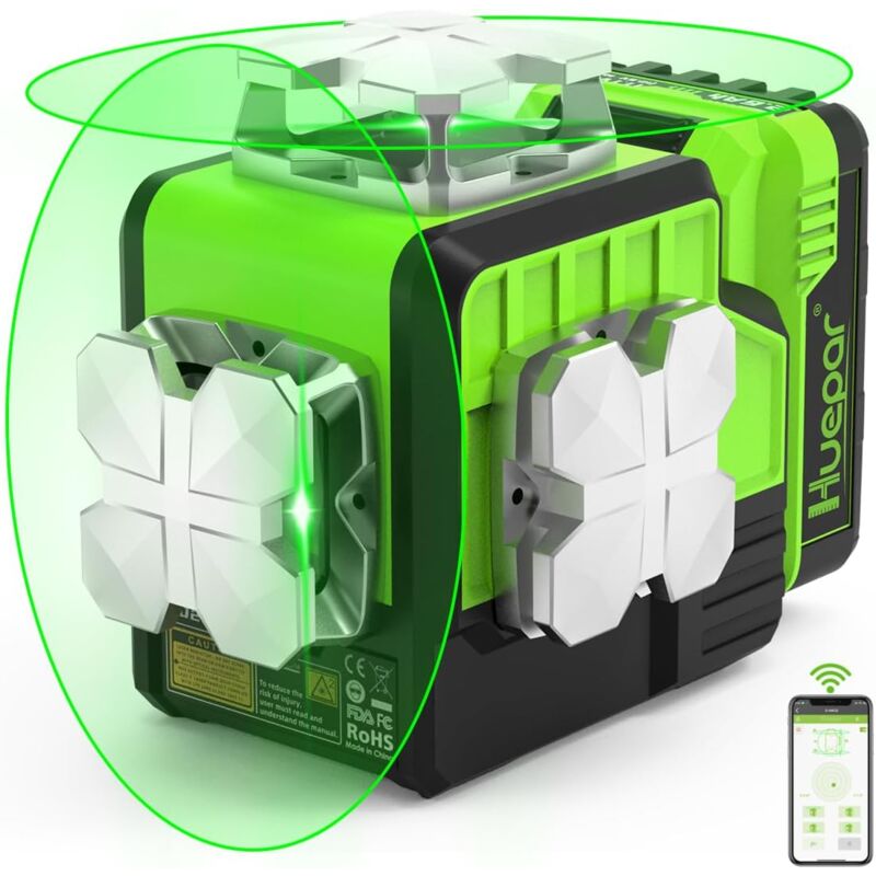 Huepar - Nivel Láser Bluetooth Autonivelante 2x360, Alto Brillo, Láser Cruzado de Haz Verde de 360°, Batería de Ion de Litio de Gran Capacidad de 11