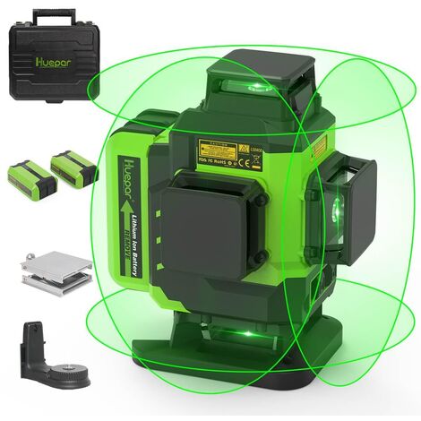 Huepar – Outil laser de sol à lignes croisées vertes 4x360 – LS04CG – 2 batteries 5200mAh – IP54 étanche – Précision ±1/9" à 33 pieds