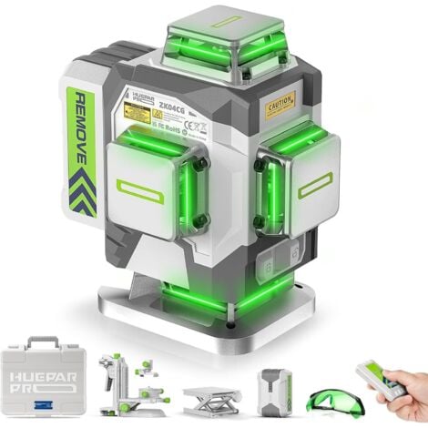 Huepar Pro Niveau Laser Auto-Nivellement 4D Vert Haute Précision - 4 360 Avec Batterie Lithium-Ion 8000 mAh, Support Multifonctionnel et Étui Rigide ZK04CG