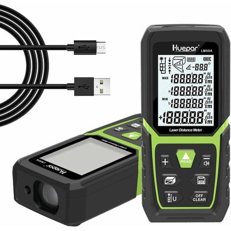 Huepar Télémètre Laser 50m de Haute Précision avec Batterie Li-Ion et Capteur D'angle Électronique, Écran LCD Rétro-Éclairé, Modes de Mesure Multiples M/In/Ft, Pythagore, Distance, Volume-LM50A