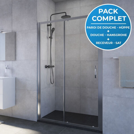 HÜPPE HÜPPE Duschpaket: Schiebetür 120cm + Duschsäule mit Hansgrohe Thermostatmischer + Duschwanne 120x90cm Schwarz