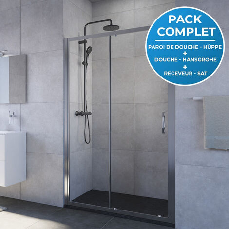 HÜPPE Pack douche Porte coulissante 120cm + Colonne de douche avec mitigeur thermostatique Hansgrohe + Receveur Satalek 120x80cm, Noir