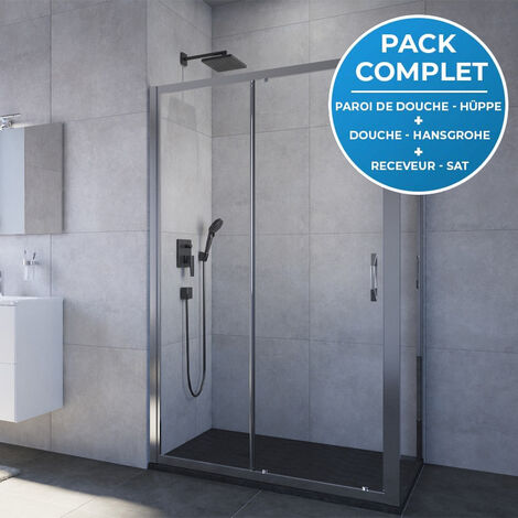 HÜPPE Pack douche Porte coulissante 120cm + Paroi latérale 80cm + Set de douche tout en 1 + Receveur Satalek 120x80cm, Noir
