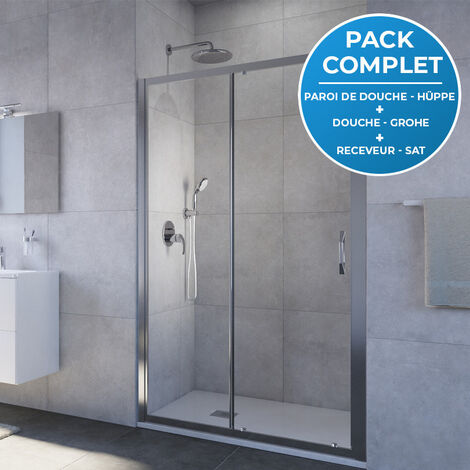 HÜPPE Pack douche Porte coulissante 120cm + Set de douche encastré Grohe + Receveur Satalek 120x80cm, Blanc