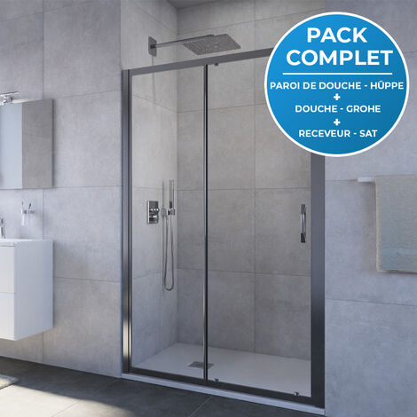 HÜPPE Pack douche Porte coulissante 120cm + Set de douche encastré Grohe + Receveur Satalek 120x90cm, Blanc