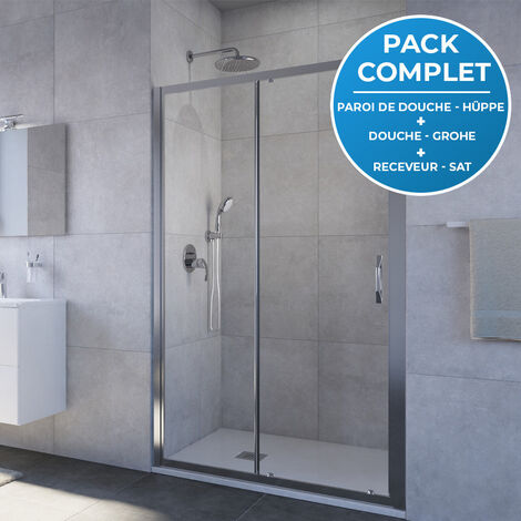 HÜPPE Pack douche Porte coulissante 120cm + Set de douche encastré Grohe + Receveur Satalek 120x90cm, Blanc