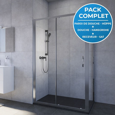 HÜPPE Pack douche Porte coulissante 120cm + Set de douche Hansgrohe Noir mat + Receveur Satalek 120x90cm, Noir