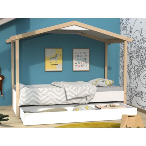 Hüttenbett CASTEL 90x190 + 1Kommode + Schublade / Weiß und Natur/ 214x96x166