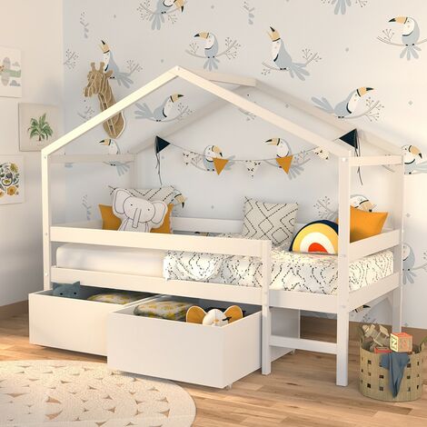Hüttenbett MIKA 90x190 + Bettkasten + 2 Schubladen / Weiß/ 199x95x165