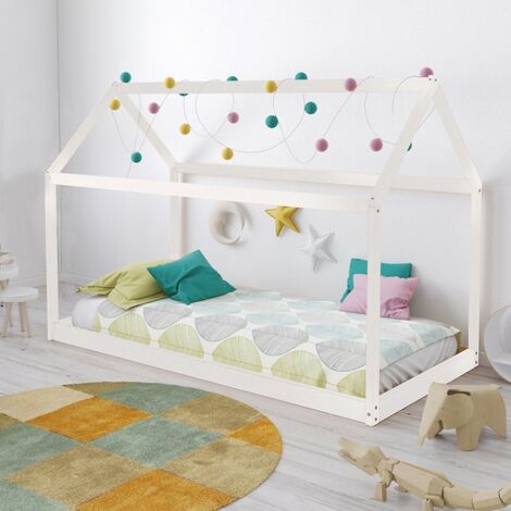 Hüttenbett PANDA 90x190 + 1 Lattenrost + Matratze IRIS / Weiß/ 195x134x97