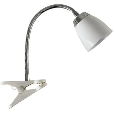 Huey Single Gloss White and Chrome Clamp Clip On LED Desk Spotlight Table Light