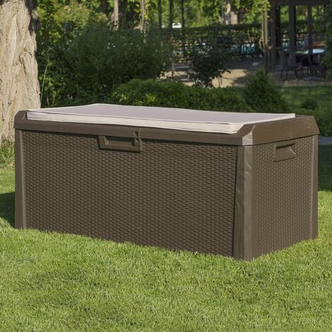 main image of "HUGE 550 Litre Plastic Outdoor Garden Storage Chest Brown Rattan with Cushion"