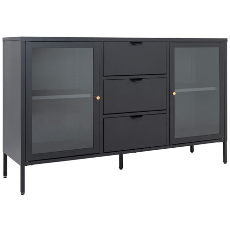 HUGO - Buffet 2 Portes Vitrées 3 Tiroirs en Métal Laqué Noir