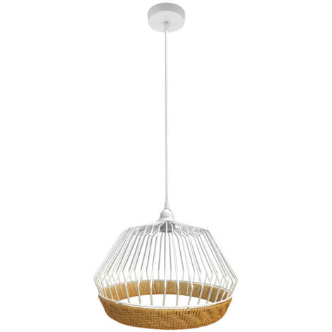 Hugo Weiß/Natur Metall und Rattan Pendelleuchte 1xE27 (3772xØ25x25cm)