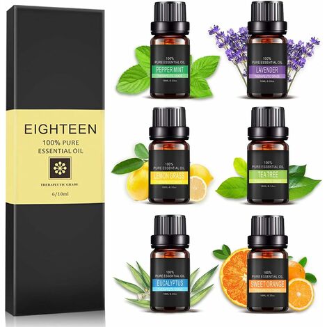 Huile d'aromathérapie entièrement naturelle dans une boîte cadeau, 10 ml - lavande, eucalyptus, menthe poivrée, orange, arbre à thé, citronnelle