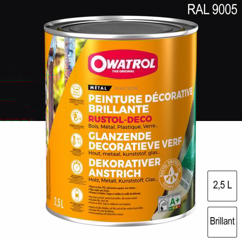 Owatrol - Peinture décorative antirouille Rustol Deco ral 9005 Noir foncé brillant 2,5L