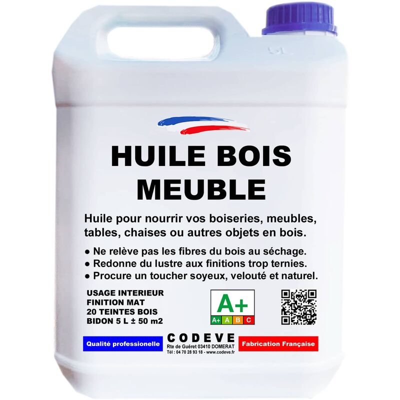 Codève Bois - Huile Meuble Bois - 5 l - Codeve Bois - Merisier - Pour La Déco De Votre Meuble, Table, Buffet, Commode Ou Armoire Bois.