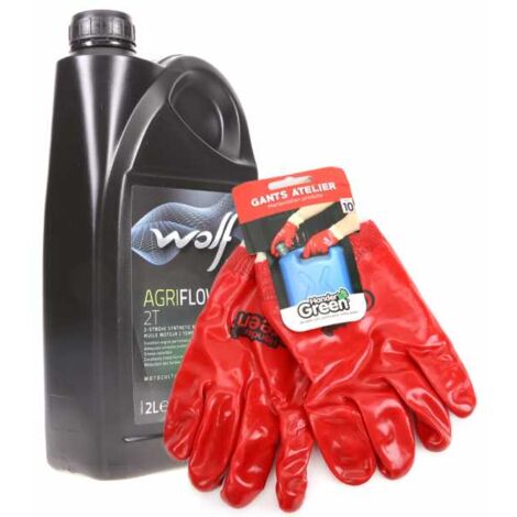Huile synthèse 2 temps Wolf 2L avec gants atelier